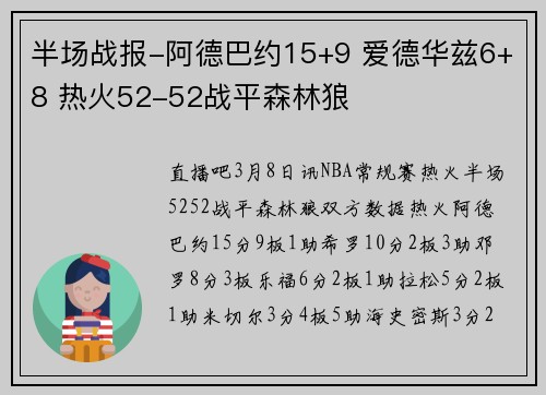 半场战报-阿德巴约15+9 爱德华兹6+8 热火52-52战平森林狼